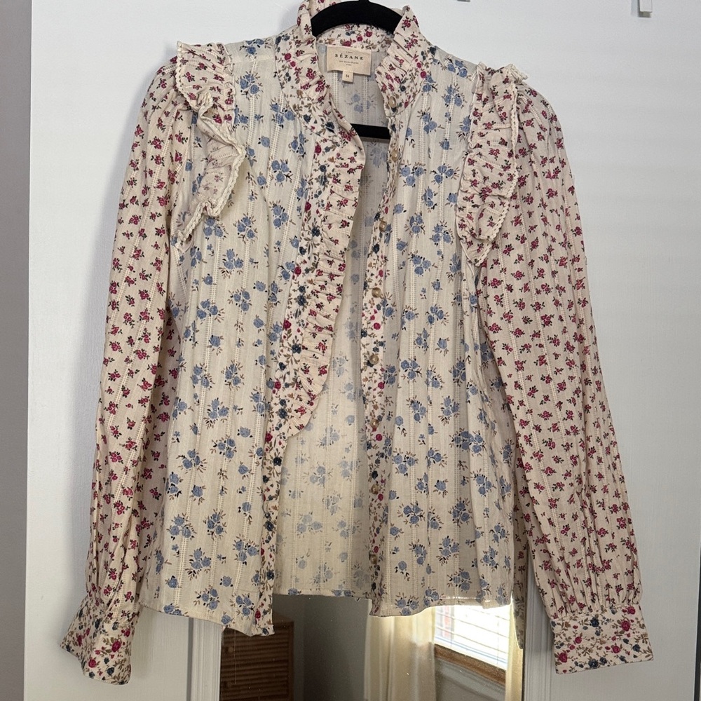 Sezane Floral Ruffle Blouse - Cream, Pink and Blue